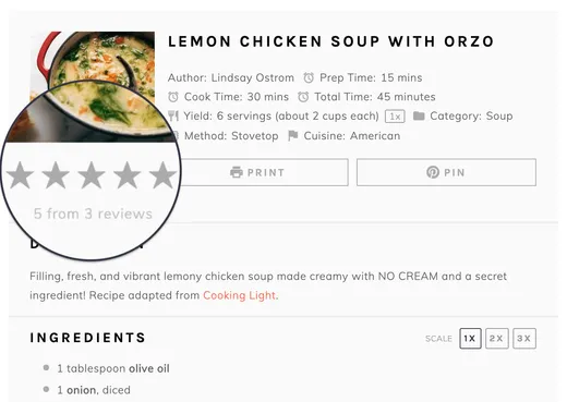 Screenshot of a Tasty Recipe showing a 5 star rating from 3 reviews