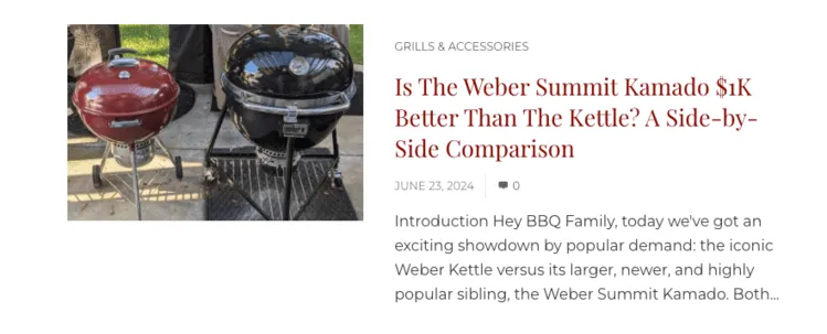Red Weber Kettle and black Weber Summit Kamado grills side by side, featured in a comparison article about their differences.