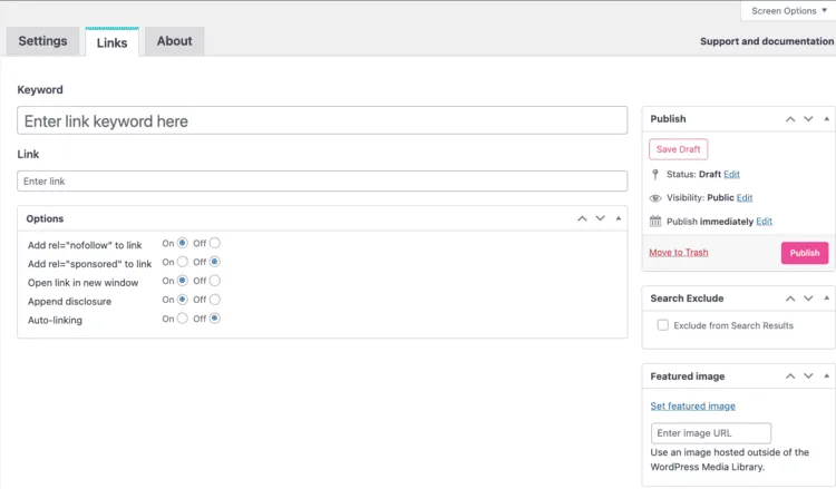 A screenshot of the details you fill in to create an affiliate link with Tasty Links.