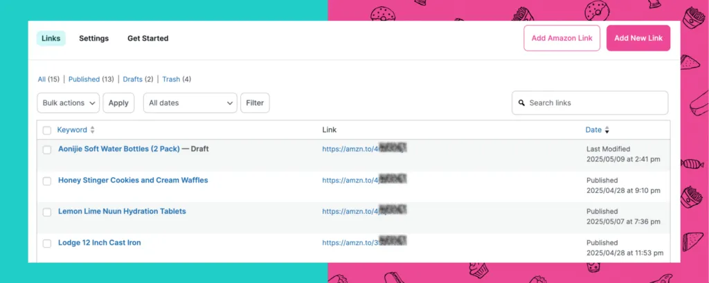 Screenshot of the Tasty Links, WordPress affiliate plugin, link manager showing a list of affiliate links and keywords, with options to add Amazon or custom links