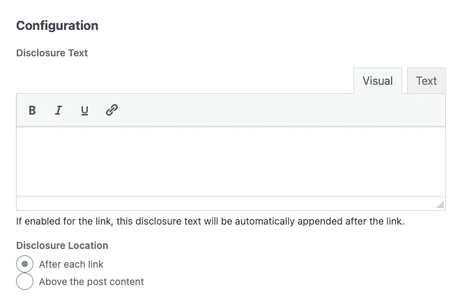 Tasty Links affiliate disclosures settings tab