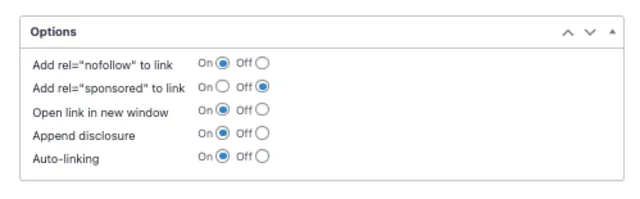 A screenshot showing link options like, "no follow", "sponsored", and open in new window. These Tasty Links features help to make linking automatic.