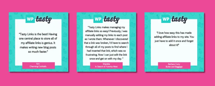 A graphic of Tasty Links plugin testimonials from happy bloggers