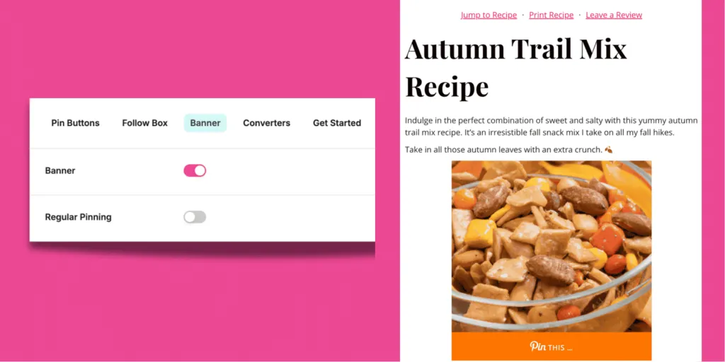 Tasty Pins Banner settings: Banner ON, Pinning OFF; recipe preview shows only the Pinterest banner under the photo.