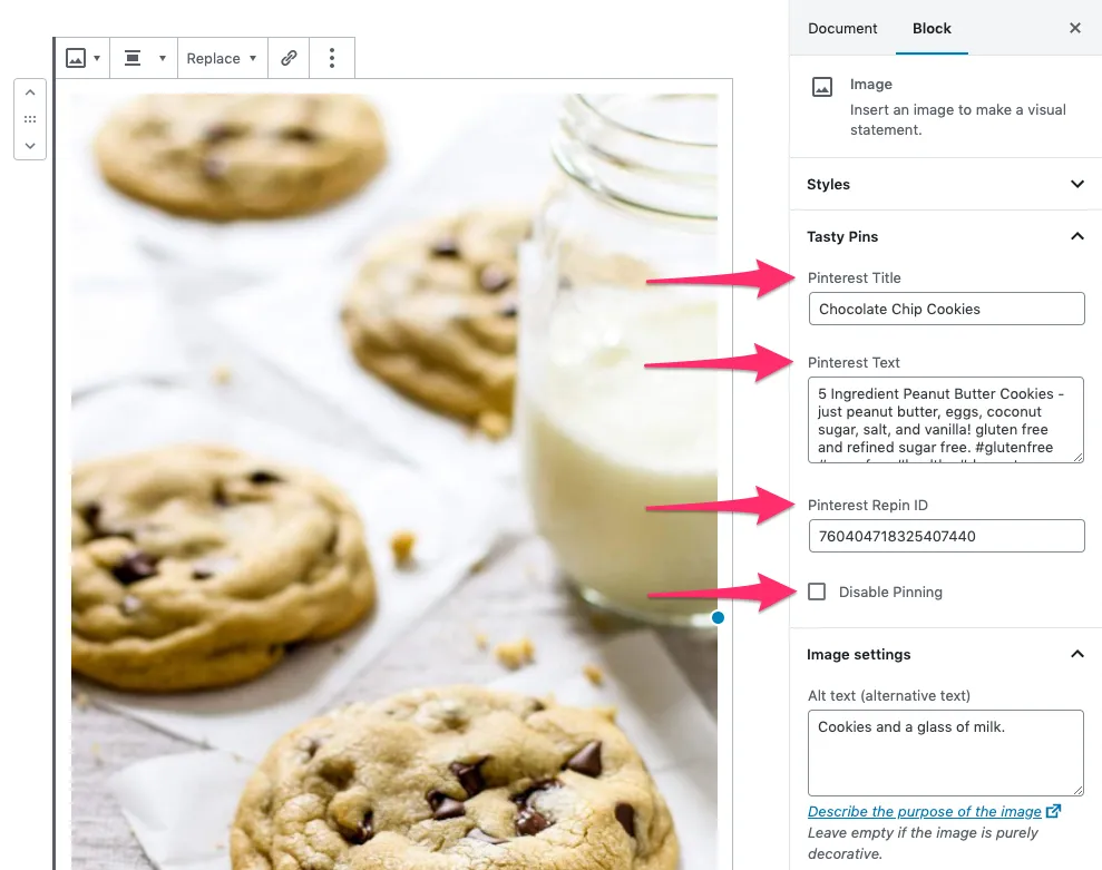 An image showing where to add your Pin information in Tasty Pins.