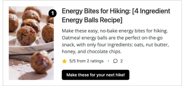Example of a roundup card in Tasty Roundups 2.0 featuring an energy bites recipe with an image, title, description, ratings, and a 'Make these for your next hike!' button.