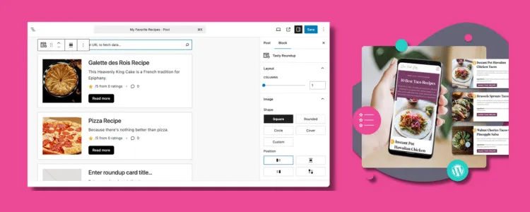 Tasty Roundups builder and mobile preview side-by-side