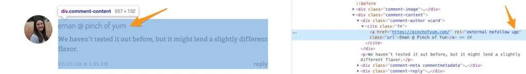 Blog comment example showing a user-added link marked with rel="ugc" in the HTML