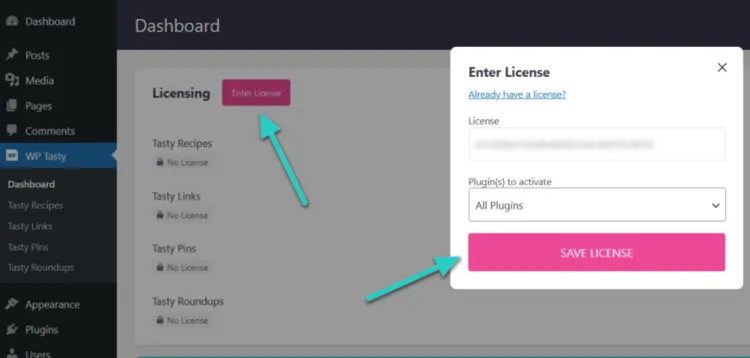 WP Tasty license page