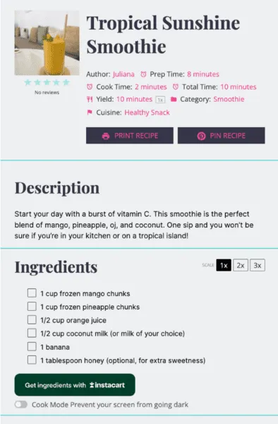 Screenshot of a recipe card from Tasty Recipes WordPress recipe plugin