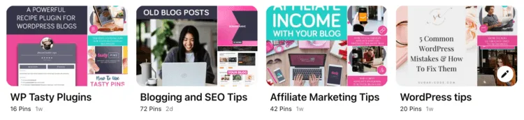 A screenshot of WP Tasty's Pinterest boards