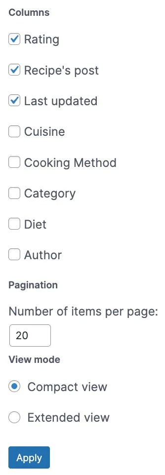 Tasty Recipes "Recipes" Tab - Recipe Explorer Column Options