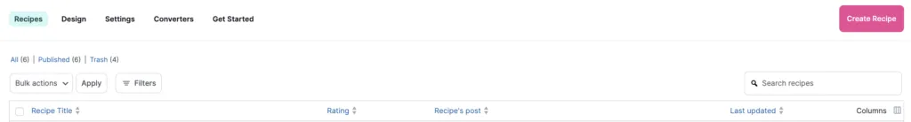 Tasty Recipes "Recipes" Tab - Recipe Explorer Columns