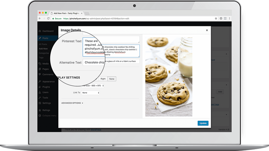 WordPress image edit screen highlighting the Pinterest Text field