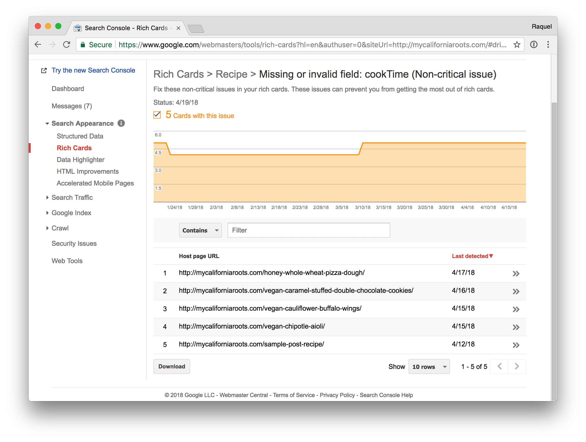 Screenshot of Google Search console showing which URLs are missing the Cook Time structured data attribute