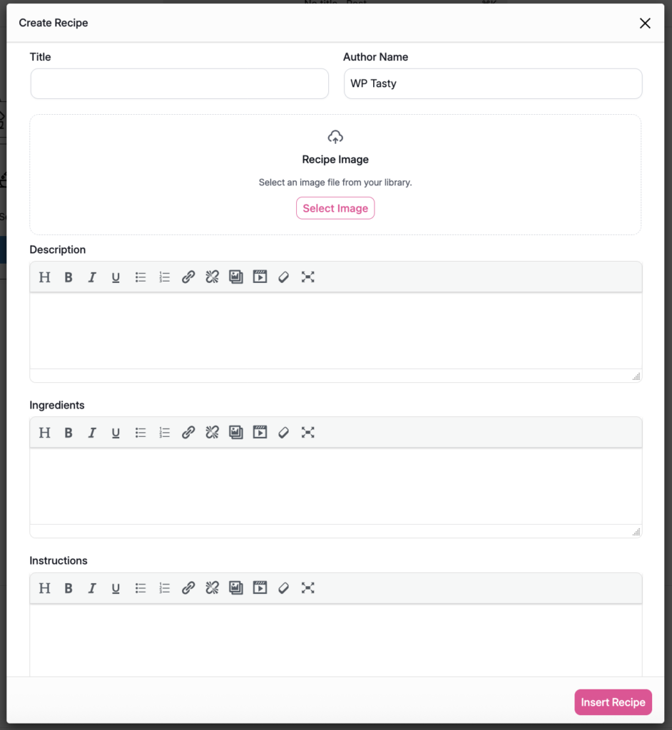 Screenshot of the Tasty Recipes block inside the WordPress block editor showing recipe card fields for ingredients, instructions, and cook time ready to be filled in