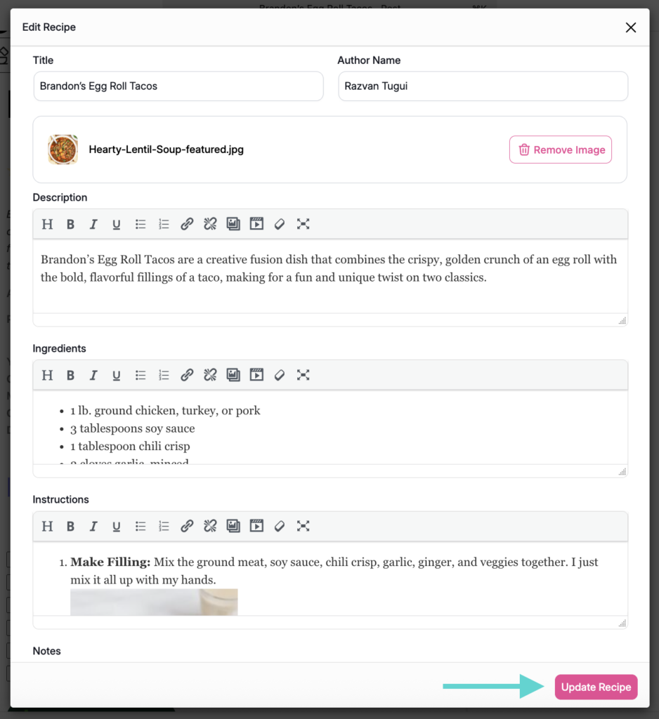 An image of a filled out Tasty Recipes recipe card for WordPress - showing an example recipe called Brandon's Egg Roll Tacos