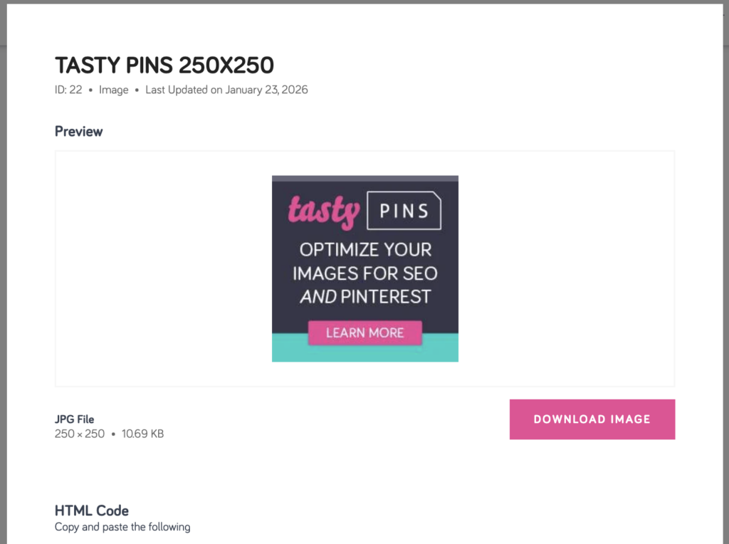 View Details popup for banner options. Includes preview, dimensions, download button, and HTML code.