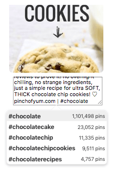 Hashtag search results in Pinterest dialog box