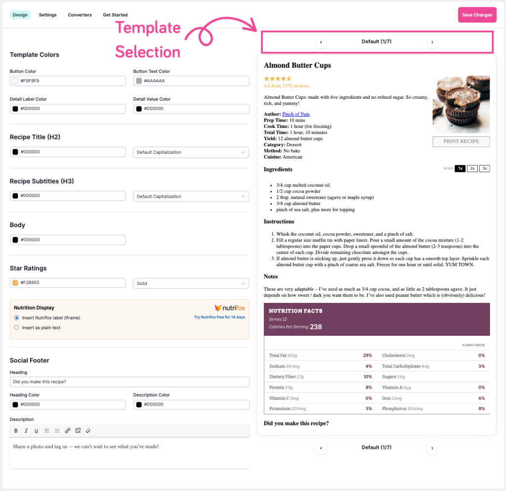 Tasty Recipes Settings - Recipe Template Selection
