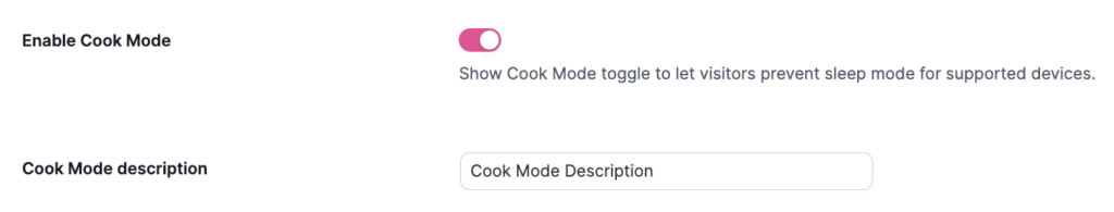 Tasty Recipes - Settings Tab - Enable Cook Mode and set Cook Mode Description