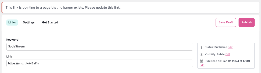 Individual Broken Link Warning