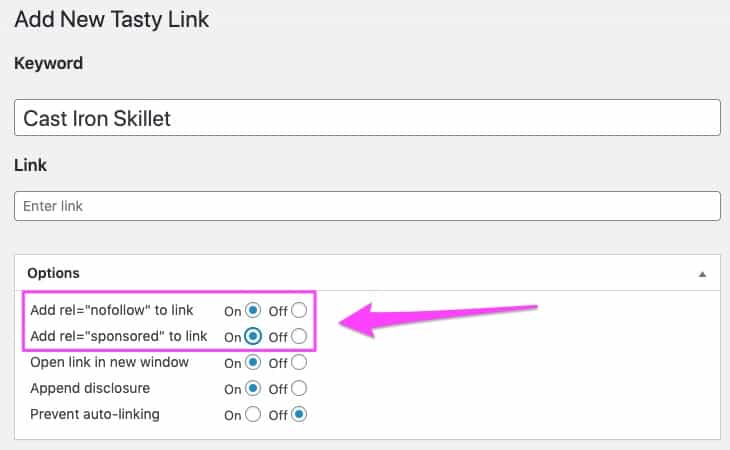 How to toggle the options in Tasty Links for rel="sponsored" and rel="nofollow"