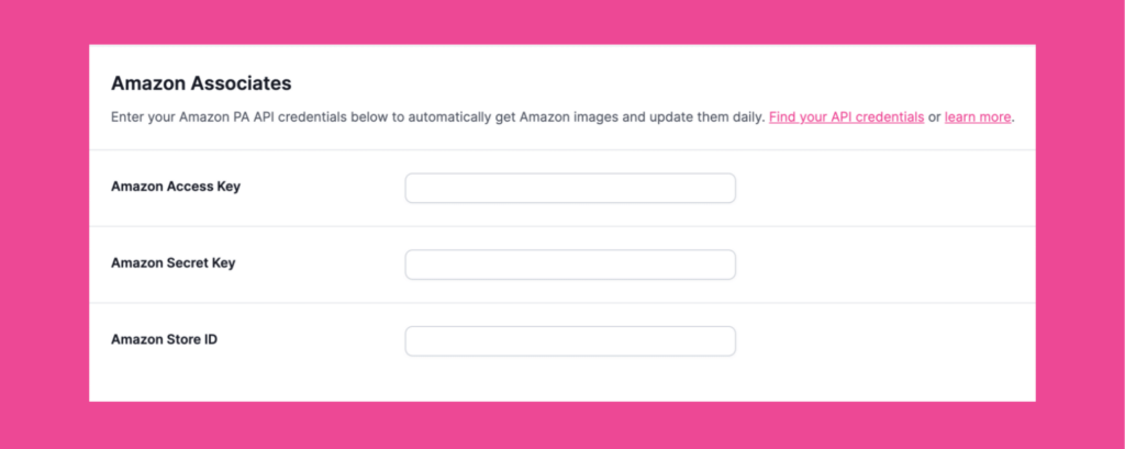 Tasty Links Amazon Associates API key, Secret and Store ID settings.