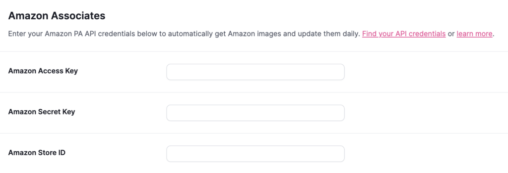 Tasty Links Settings - Amazon Access Key, Amazon Secret Key, and Amazon Store ID.