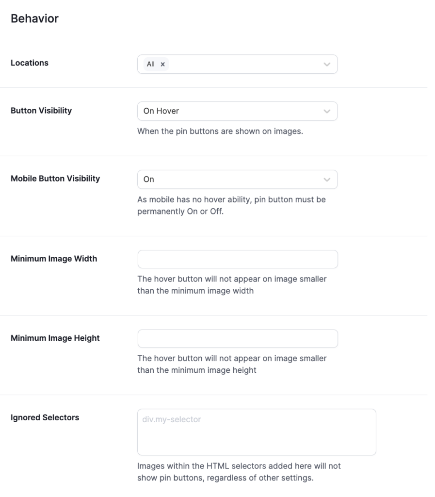 Tasty Pins Dashboard - Pin Buttons Page with Behavior Settings