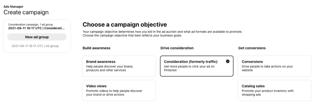 A screenshot of Pinterest's Create Ad dashboard