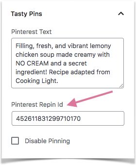 An image showing where to paste your Pinterest Repin Id into Tasty Pins