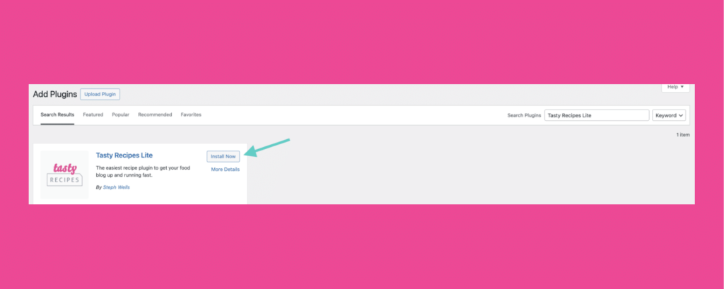 A graphic showing how to Install Tasty Recipes lite from the WordPress repository