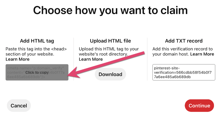 Claim your website on Pinterest HTML tag