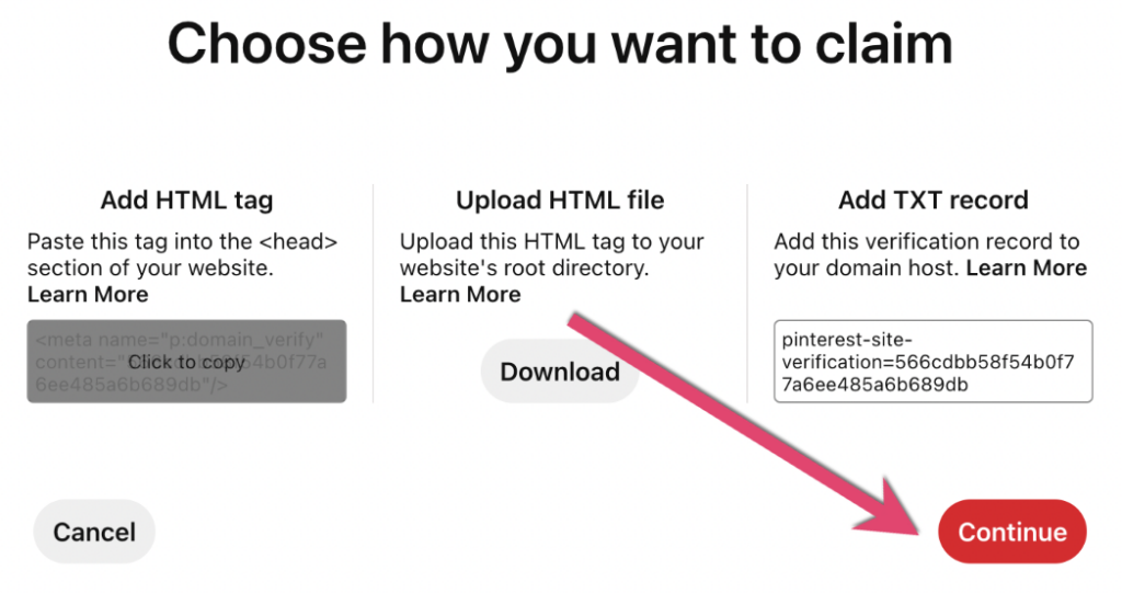 Copy HTML Code to Verify Website on Pinterest