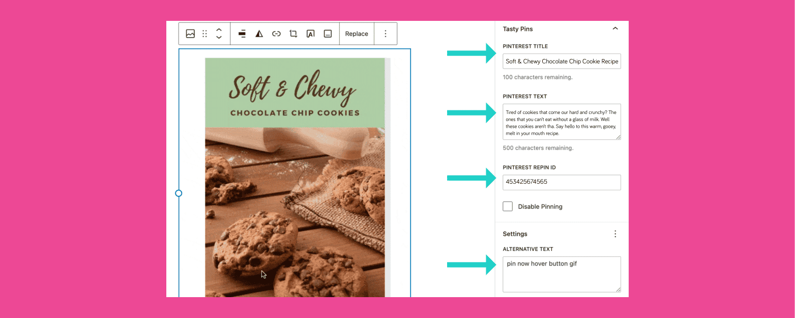 A graphic showing you where to fill in your Pinterest information for each image on your blog post. Filling this in is what helps others Pin your recipes to Pinterest.