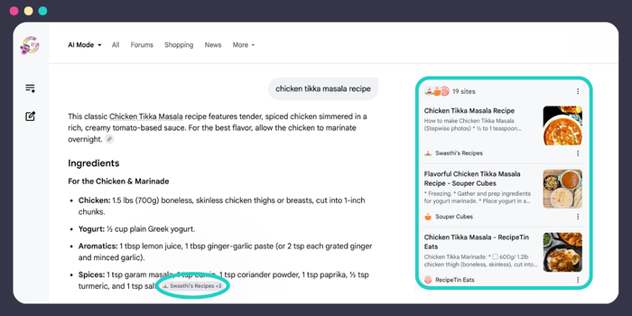 Google AI Mode results for "chicken tikka masala recipe." The left side shows an AI-generated response. The right side, outlined in teal, shows blog sources listing three contributing blogs with a title and food photo thumbnail. An oval teal circle is around the attribution chip.