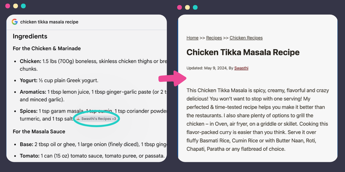 Google AI Mode split-screen: Clicking an attribution chip (left) navigates directly to the source recipe (right).