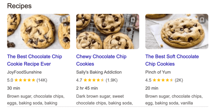 A screenshot of recipe rich results in Google for a best chocolate chip cookie recipe search. It shows a recipe carousel of food blog recipes at the top of the page with no AI Overview present.