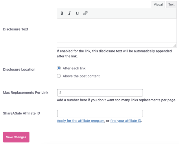 Tasty Links disclosure settings