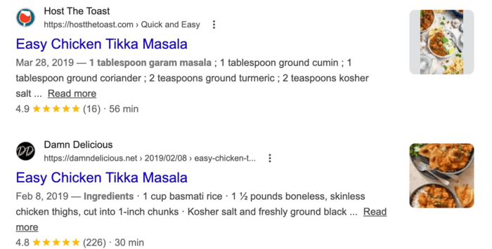 A screenshot of what individual Google recipe rich results (recipe rich snippets) look like in the SERPs. The blue link with more details and thumbnail photos of the recipe.