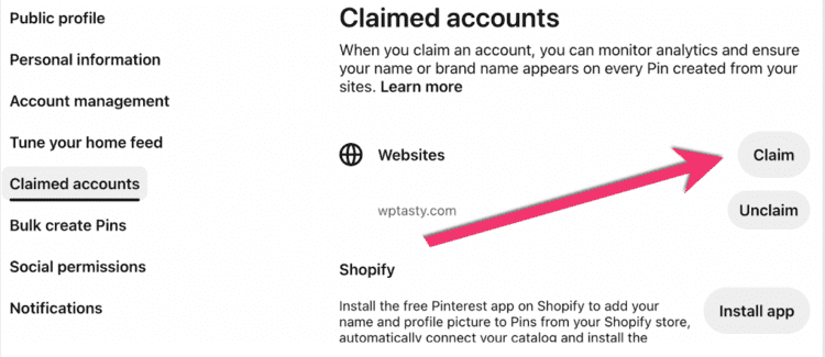 A screen shot showing one of the steps in claiming your website on Pinterest.