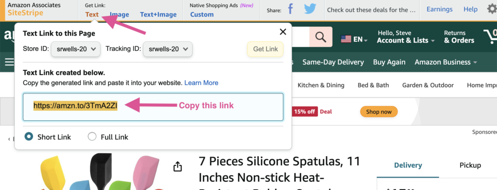 An image showing the first step of how to get amazon affiliate links on Pinterest. You need to get your Amazon affiliate links.