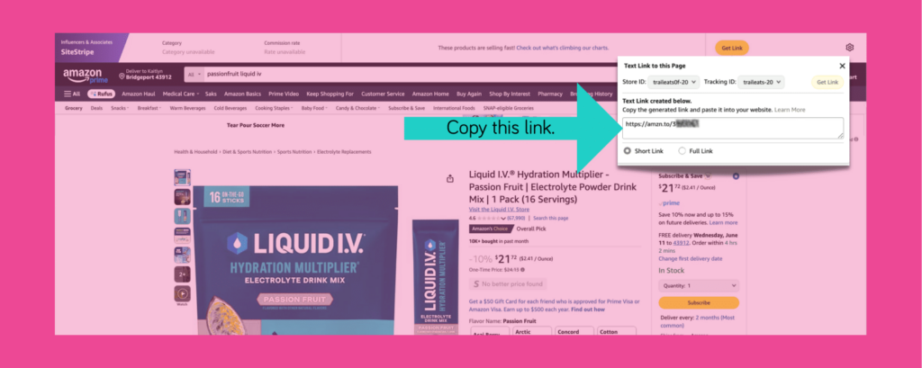 Amazon SiteStripe links with an arrow and instructions pointing to copy the text link.