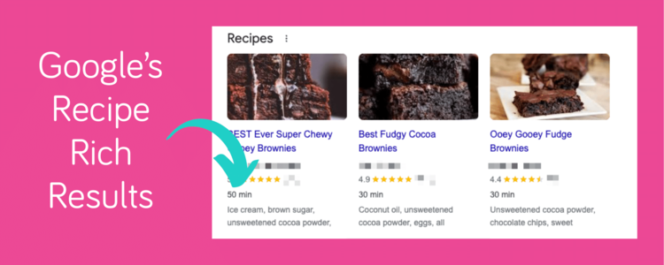 A screen shot showing recipe rich results in Google.
