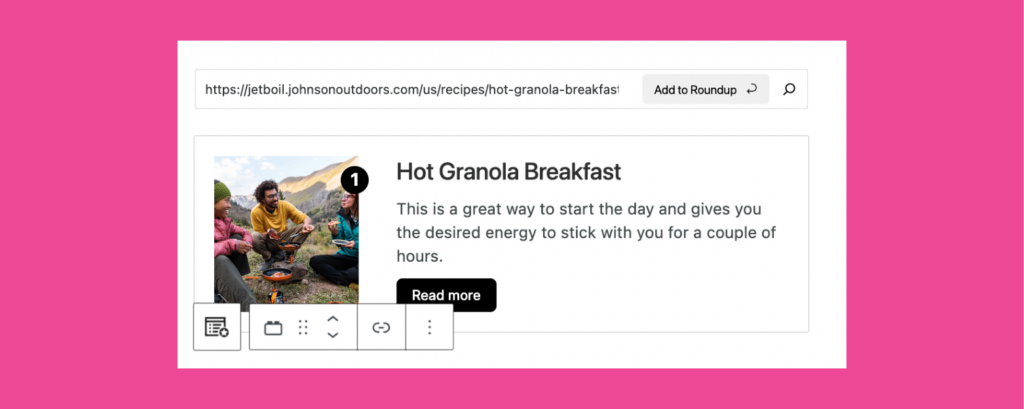 Screenshot of a Tasty Roundups block showing an external link card for Jetboil's Hot Granola Breakfast recipe, with the post title, description, and image automatically pulled into the roundup layout.