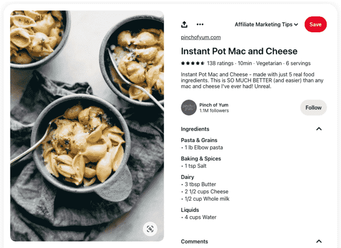 An example of a recipe rich pin. Pinch of Yum uses Tasty Recipes WordPress plugin to get rich pins for Pinterest.