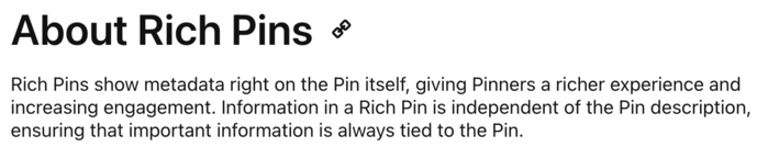A screen shot of Pinterest's explanation of a Pinterest rich pin