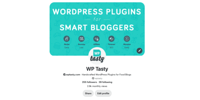 A screenshot of WP Tasty's profile cover, verified site, and viewers. All things you get with a Pinterest business account.