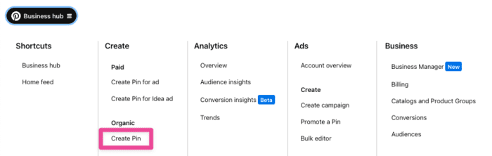 An image showing how to "Create a Pin" from a Pinterest Business account